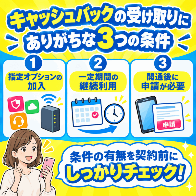 光回線のキャッシュバックの受け取りにありがちな3つの条件