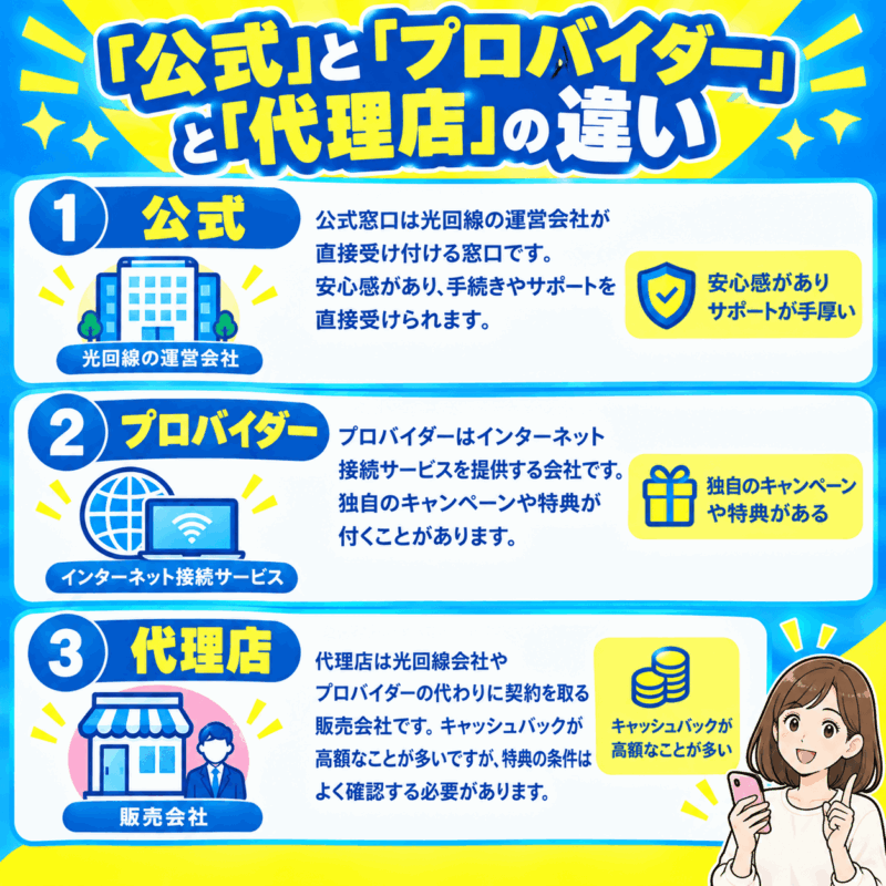 公式とプロバイダーと代理店の違い