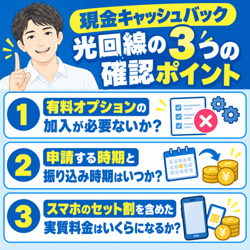 現金キャッシュバック光回線の3つの確認ポイント