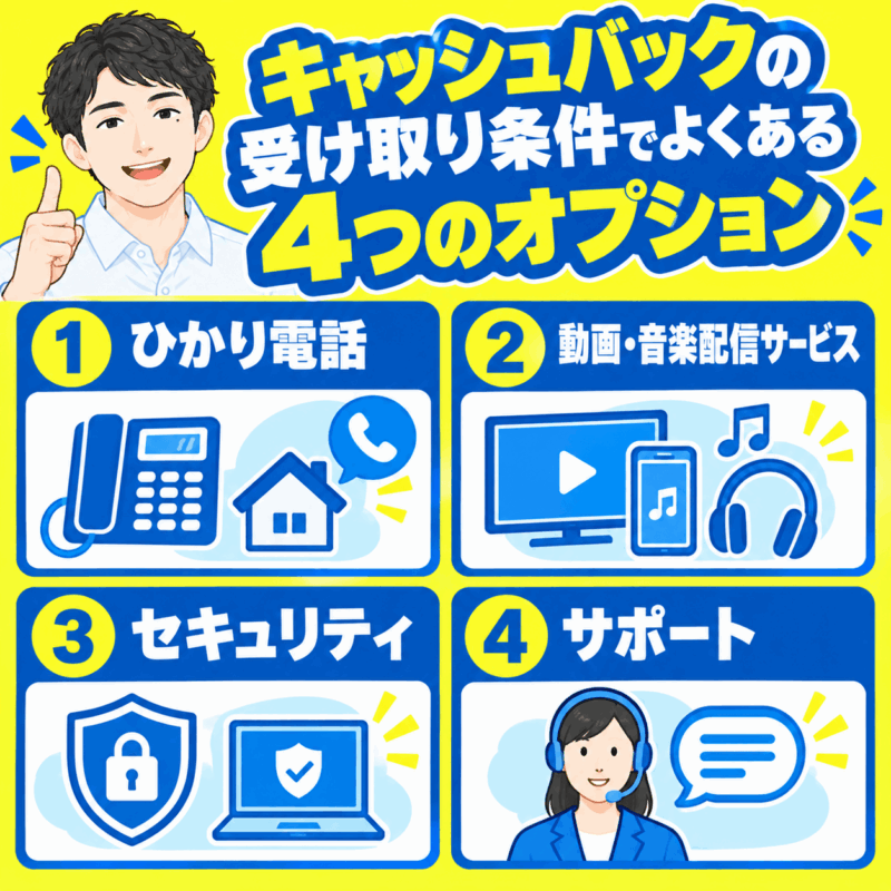 キャッシュバックの受け取り条件でよくある4つのオプション