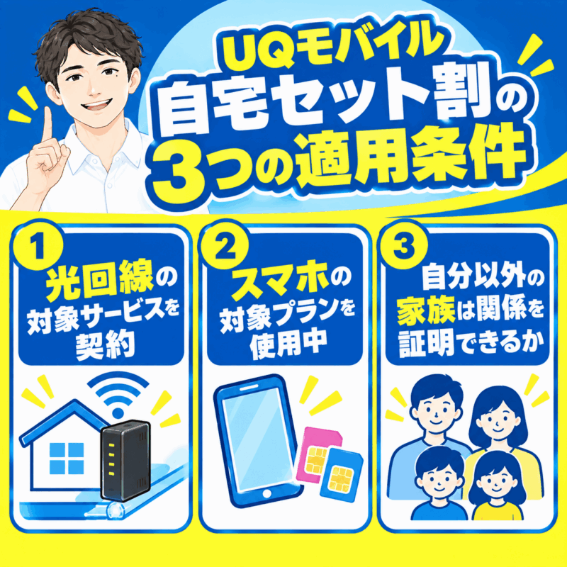 UQモバイルの自宅セット割の3つの適用条件