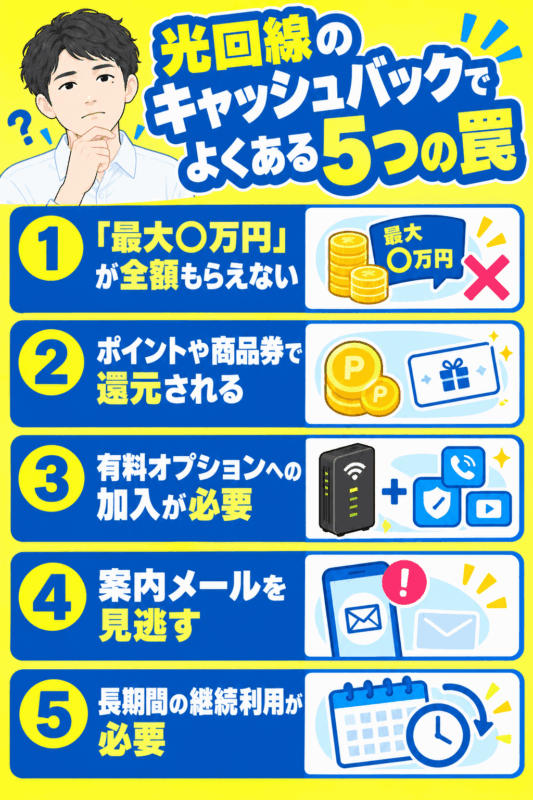 光回線のキャッシュバックでよくある5つの罠